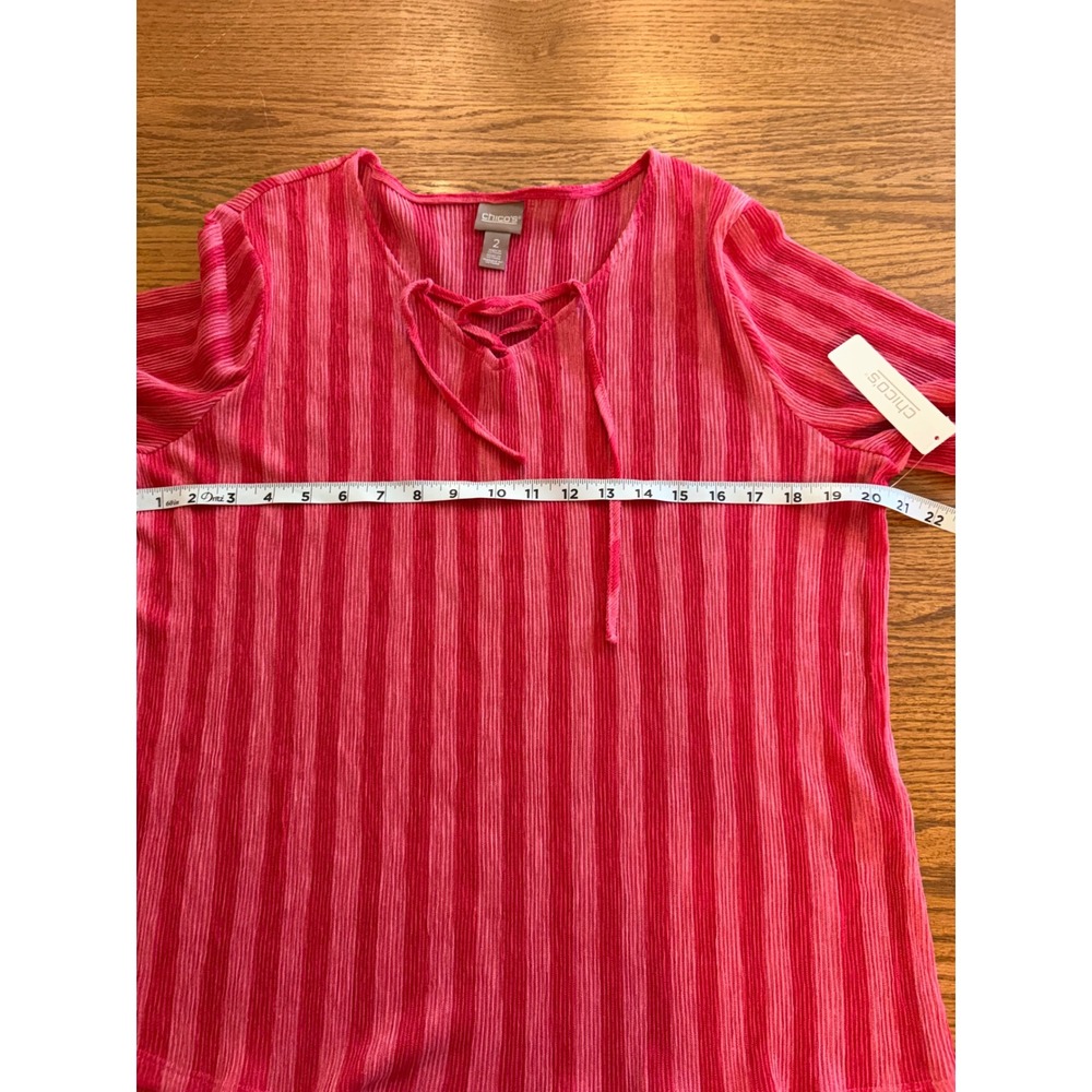 Chicos Crinkle Lace Up Top SS Knit Fashion Coral Fuchsia Stripe Size 2 Large NWT - Picture 6 of 13